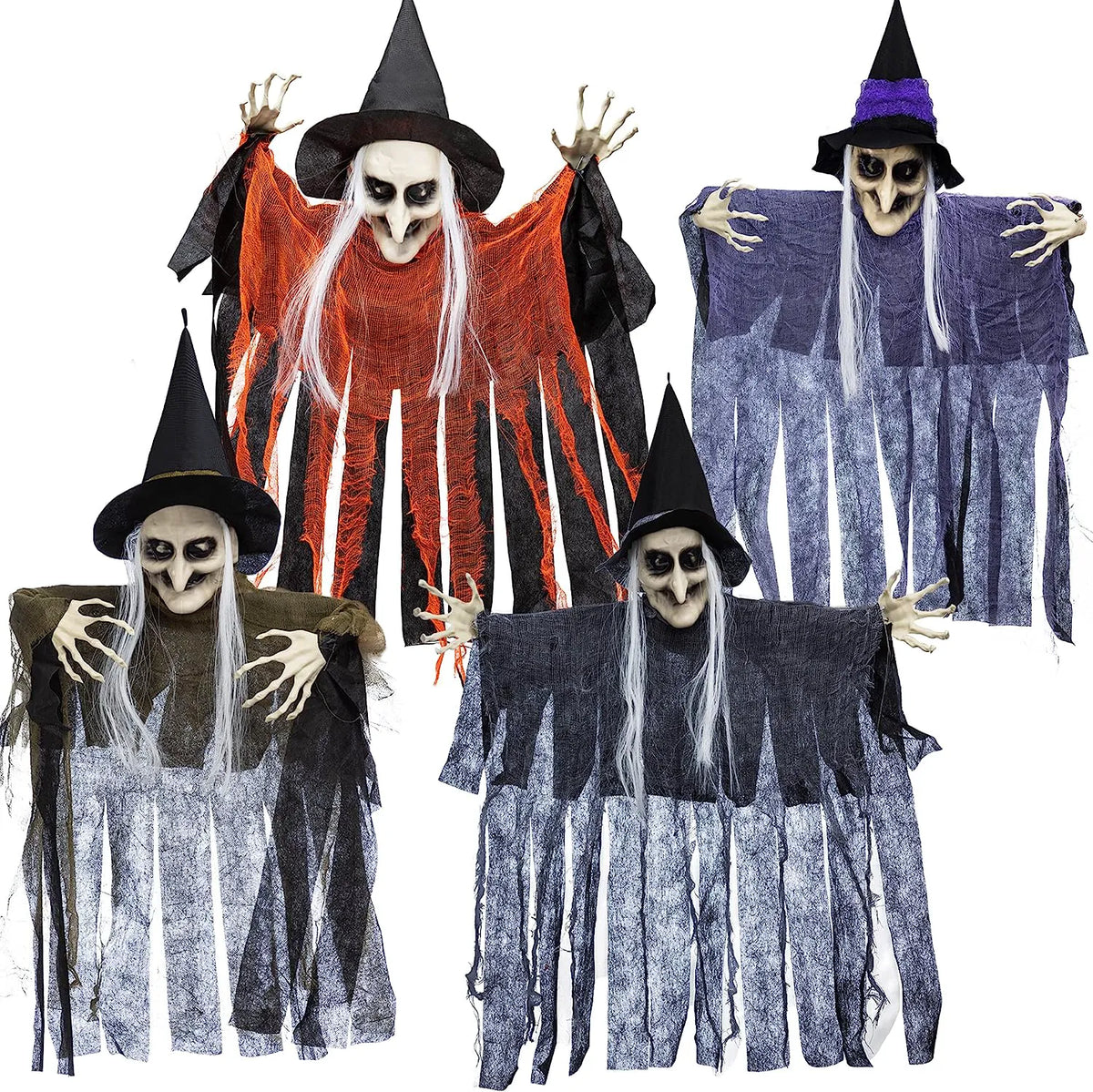 Set of 4 Hanging Witches in Purple, Orange, Green, and Grey