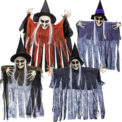 Set of 4 Hanging Witches in Purple, Orange, Green, and Grey