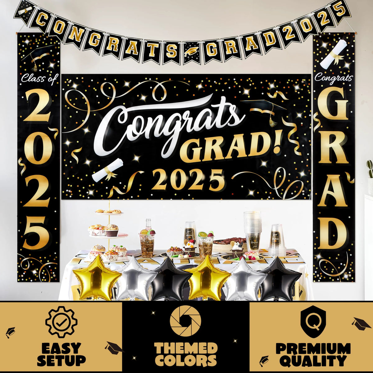 JOYIN Class of 2025 Graduation Party Decorations - Black & Gold Grad Celebration Supplies Set with Backdrop Banner, Porch Sign, Balloons, Foil Number 2025, Hanging Strip for High School College Grad