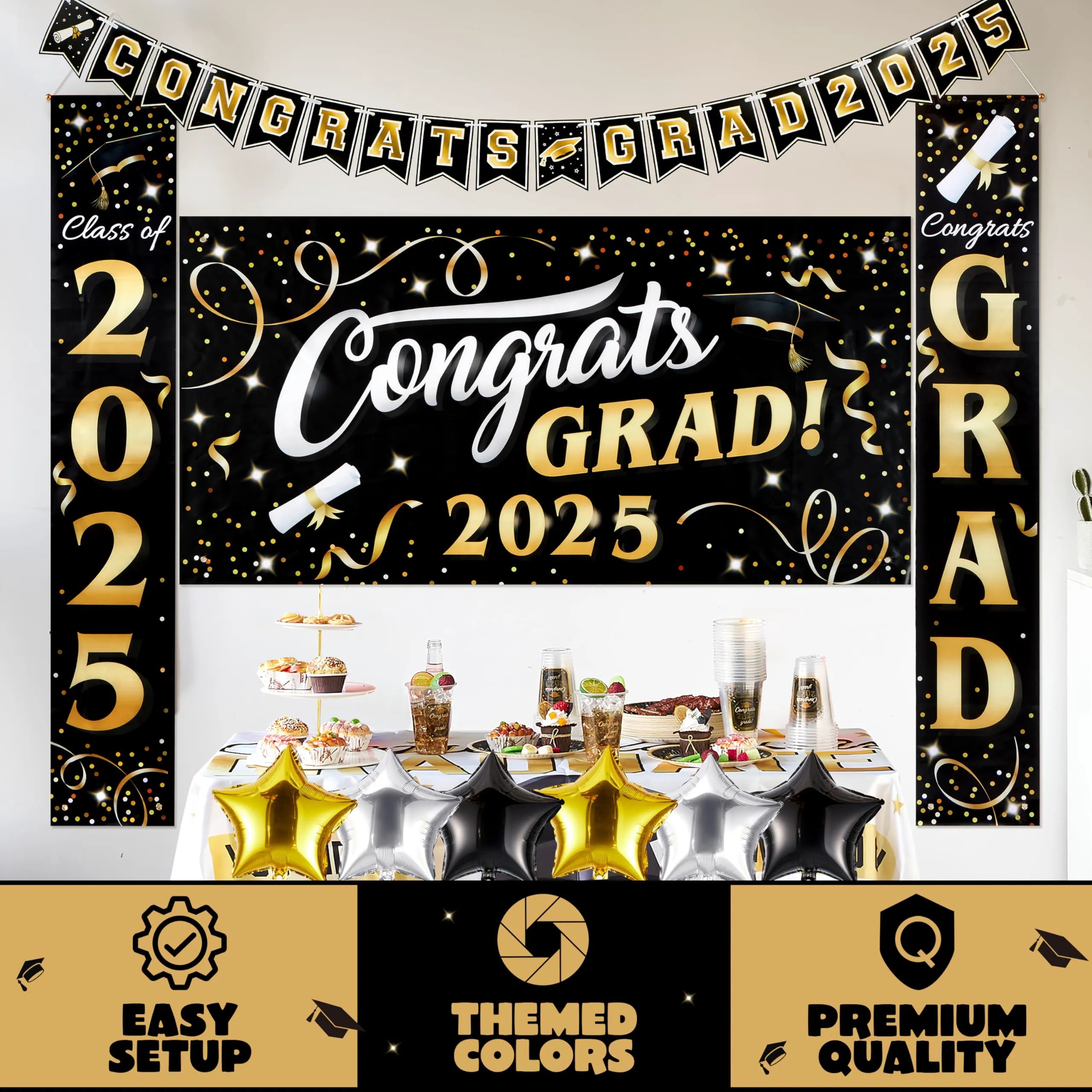 JOYIN Class of 2025 Graduation Party Decorations - Black & Gold Grad Celebration Supplies Set with Backdrop Banner, Porch Sign, Balloons, Foil Number 2025, Hanging Strip for High School College Grad