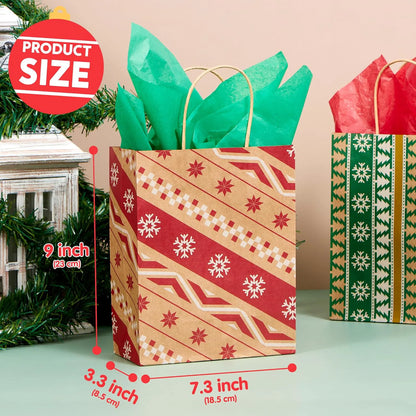 24 Pack Christmas Kraft Paper Gift Bags with Handles for Holiday Wrapping and Party Favors