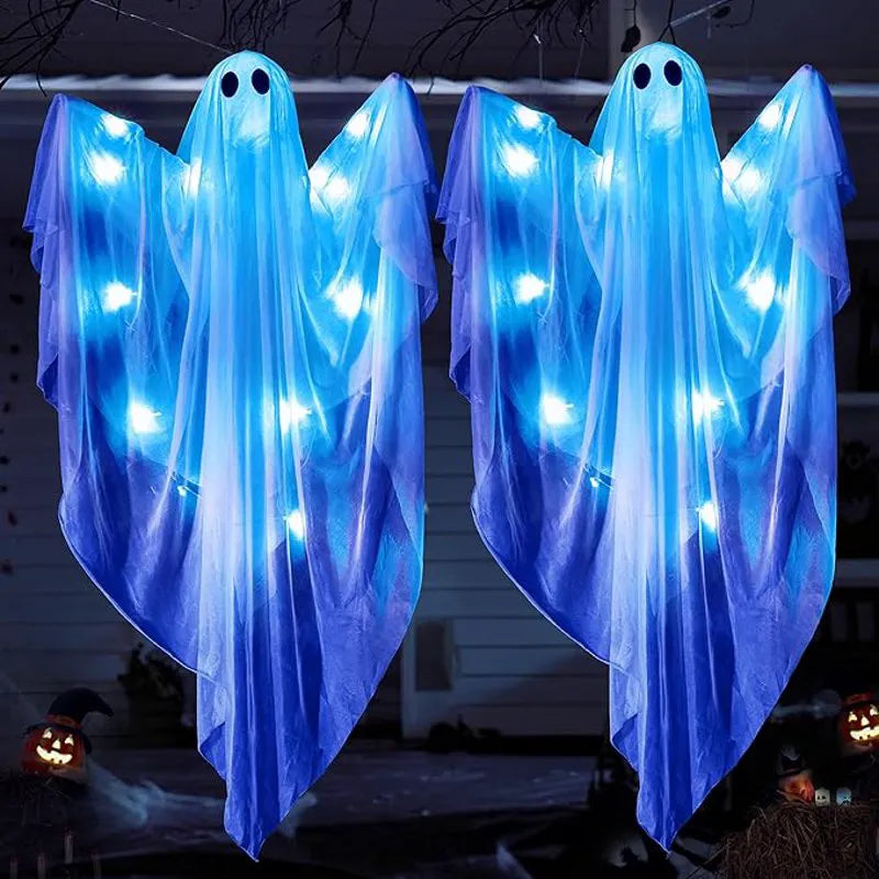 2 Pack 35.4" Halloween Hanging Ghost with Blue LED Lights