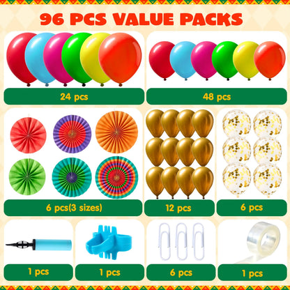 96-Piece Mexican Fiesta Colorful Party Decoration Set with Balloons