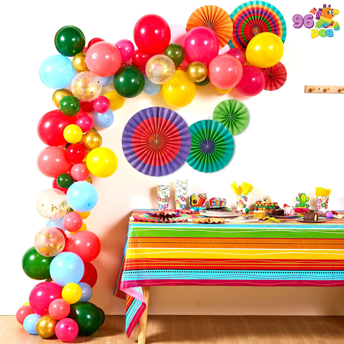 96-Piece Mexican Fiesta Colorful Party Decoration Set with Balloons