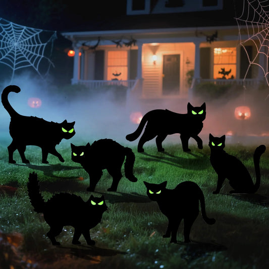 6 Halloween Black Cat Yard Signs with Glow-in-the-Dark Eyes