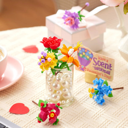 24 Pcs Valentine's Day Flower Bouquet Building Blocks with Cards