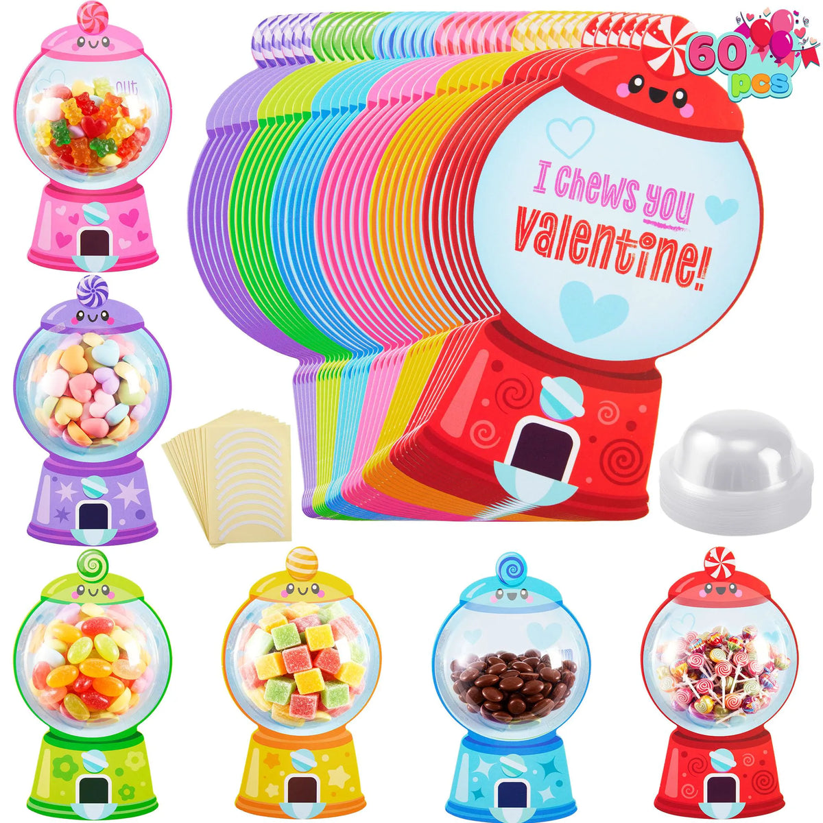 60 Valentine's Day Candy Dispenser Cards with Craft Treat Holders