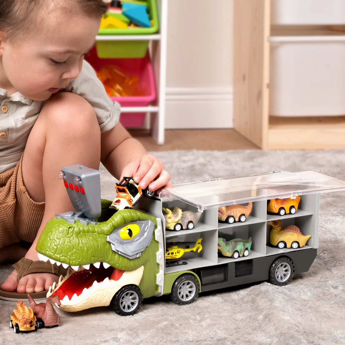 13-in-1 Dinosaur Transport Carrier Truck with Mini Car Set