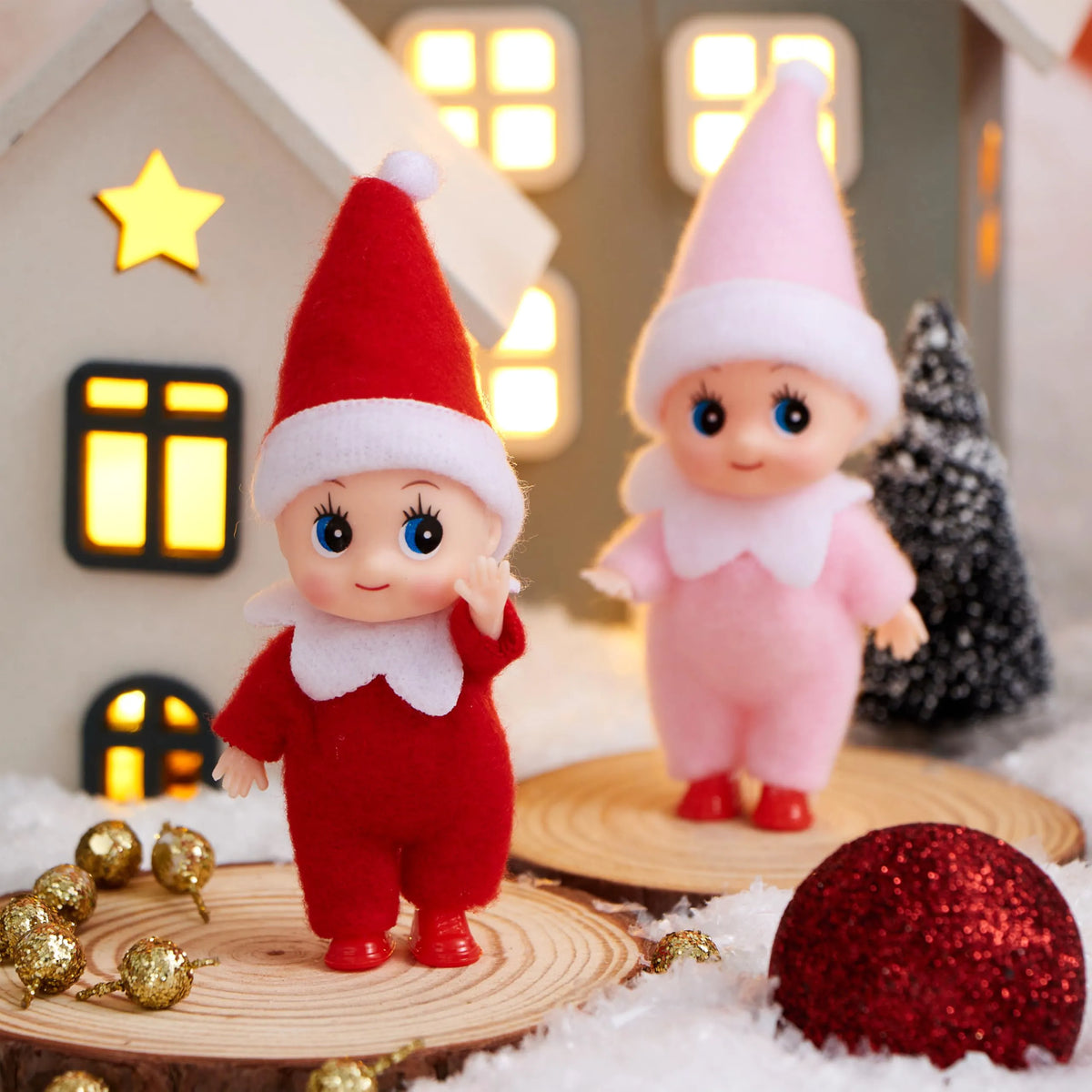 2 Pack Christmas Elf Plush Dolls, Red and Pink
