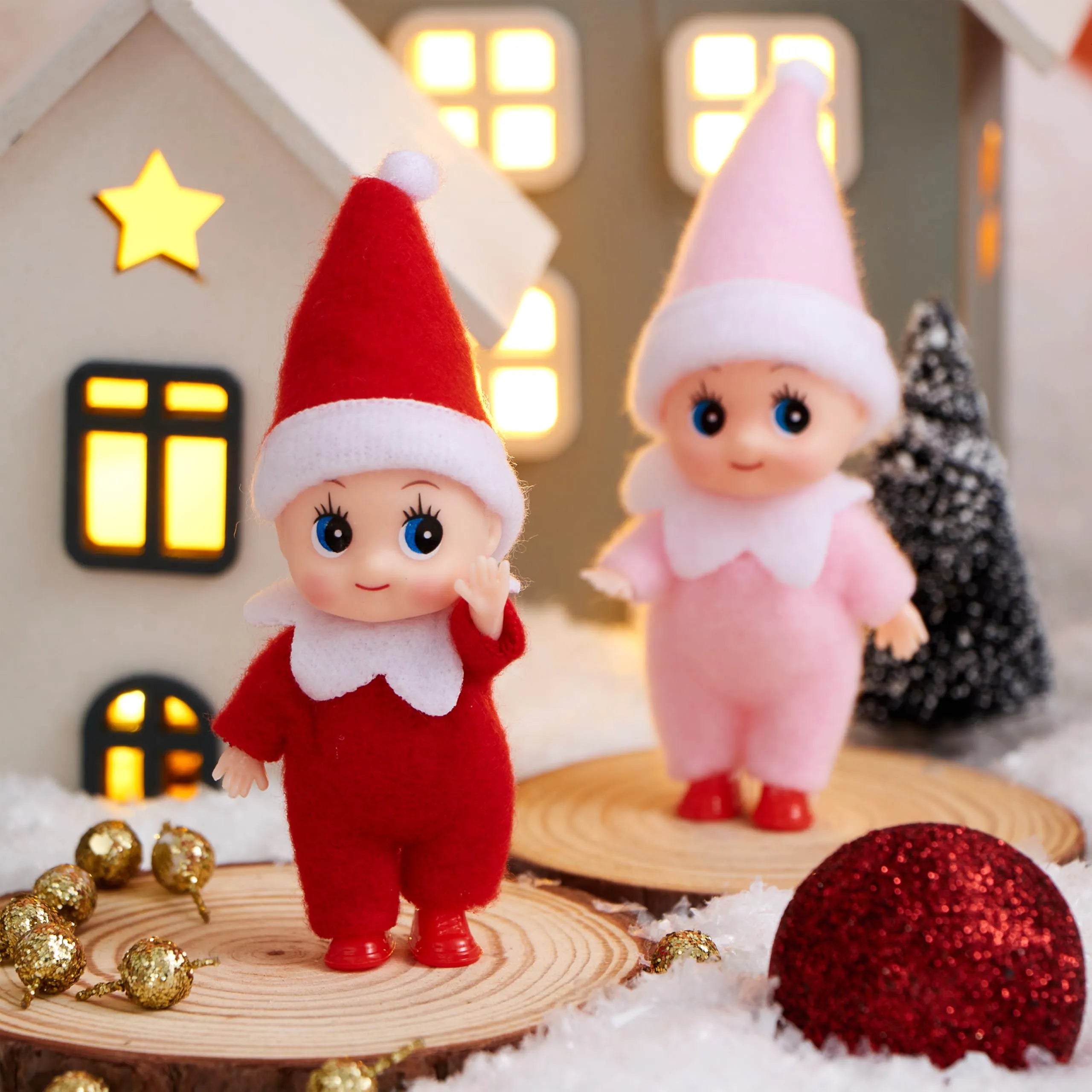 2 Pack Christmas Elf Plush Dolls, Red and Pink