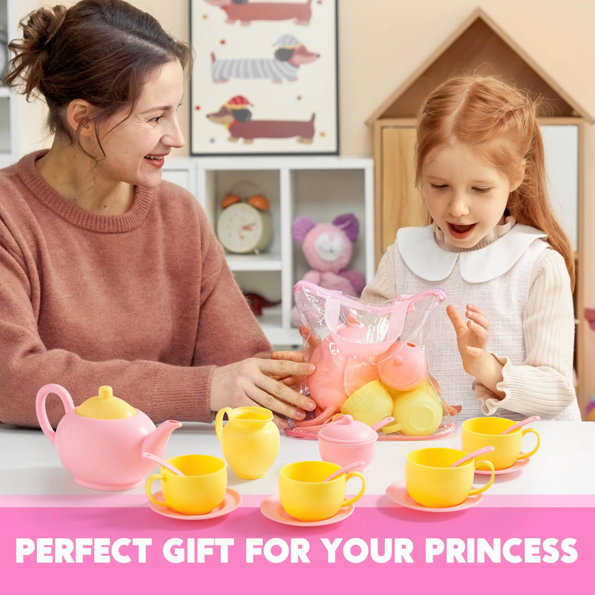 18-Piece Pretend Tea Party Set with Pink Teapot