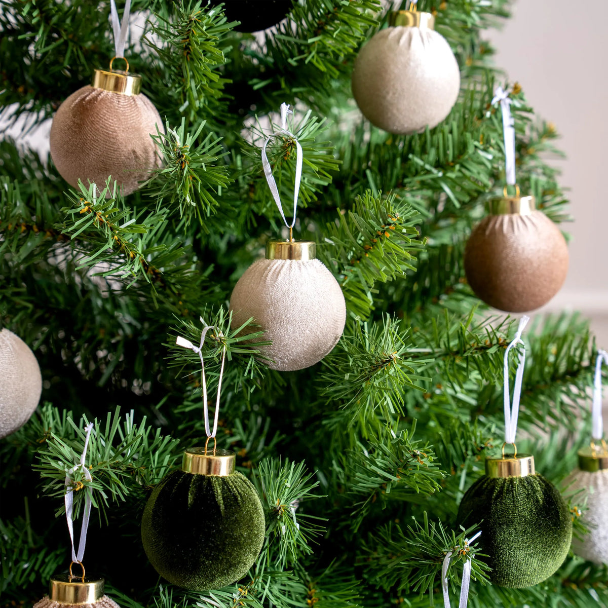 15-Piece Christmas Velvet Ball Ornament Set, 2.36-Inch Green Brown Neutral