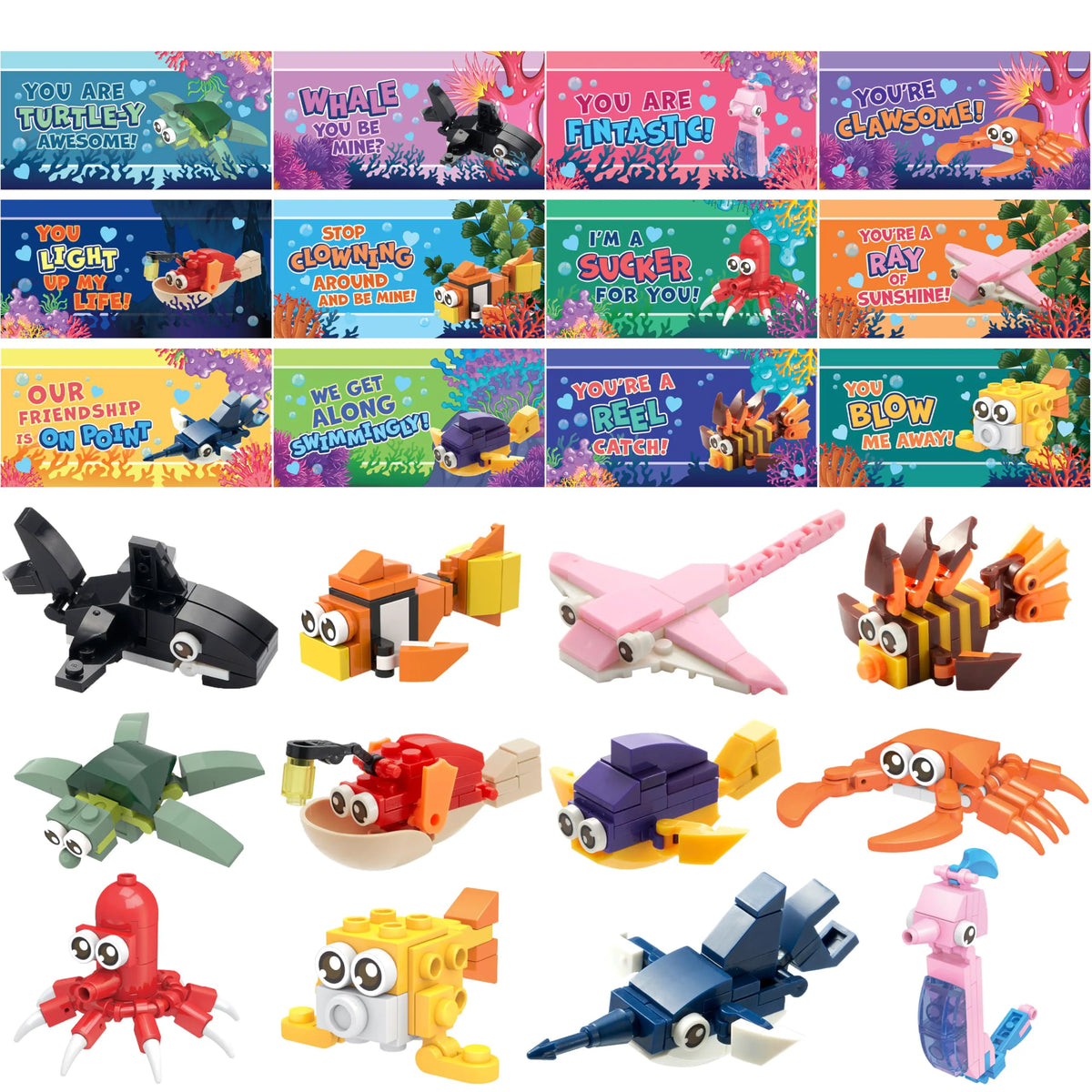 24 Pack Valentine's Day Cards with Ocean Animal Building Blocks for Party Gifts