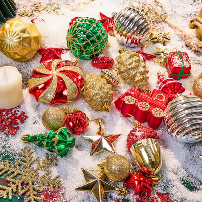 82-Piece Assorted Christmas Ornament Ball Set, 3.15-Inch Red Gold Green Deluxe