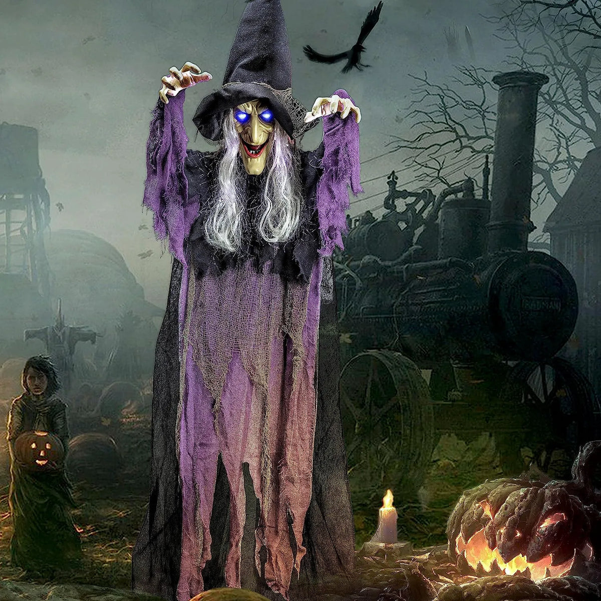 72-Inch Hanging Talking Witch with Light-Up Eyes