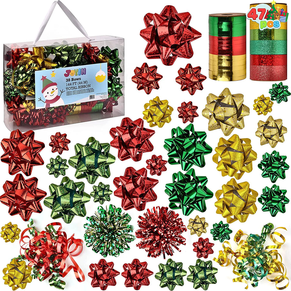 47-Pack Gift Wrap String and Bows in Red, Gold, Green