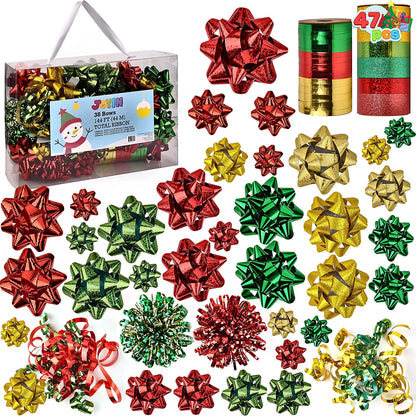 47-Pack Gift Wrap String and Bows in Red, Gold, Green