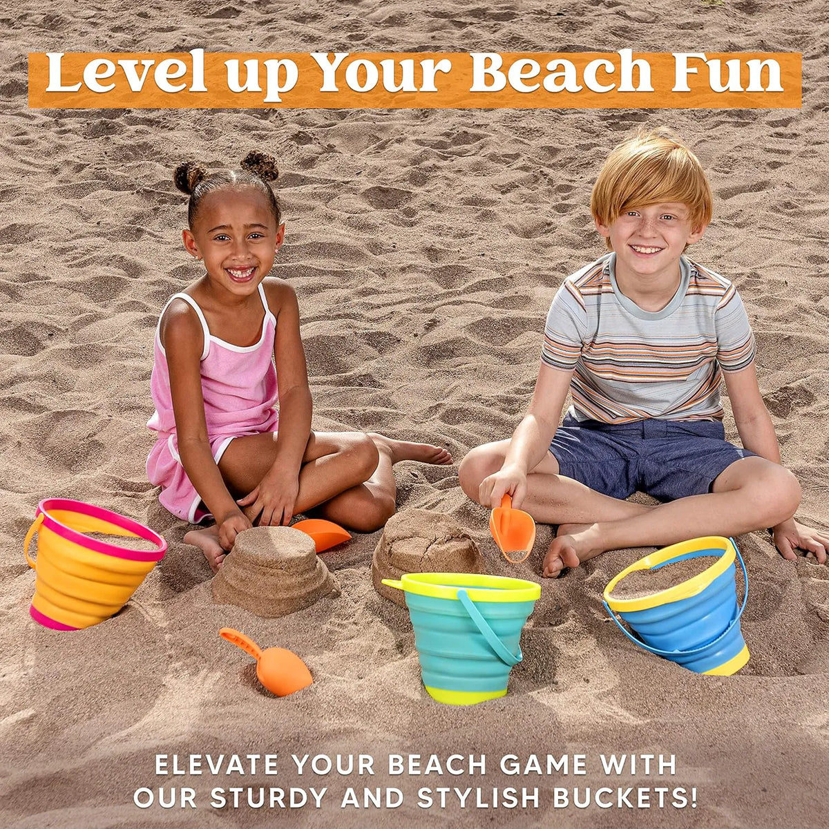 3-Piece Collapsible Beach Bucket Set with Shovels