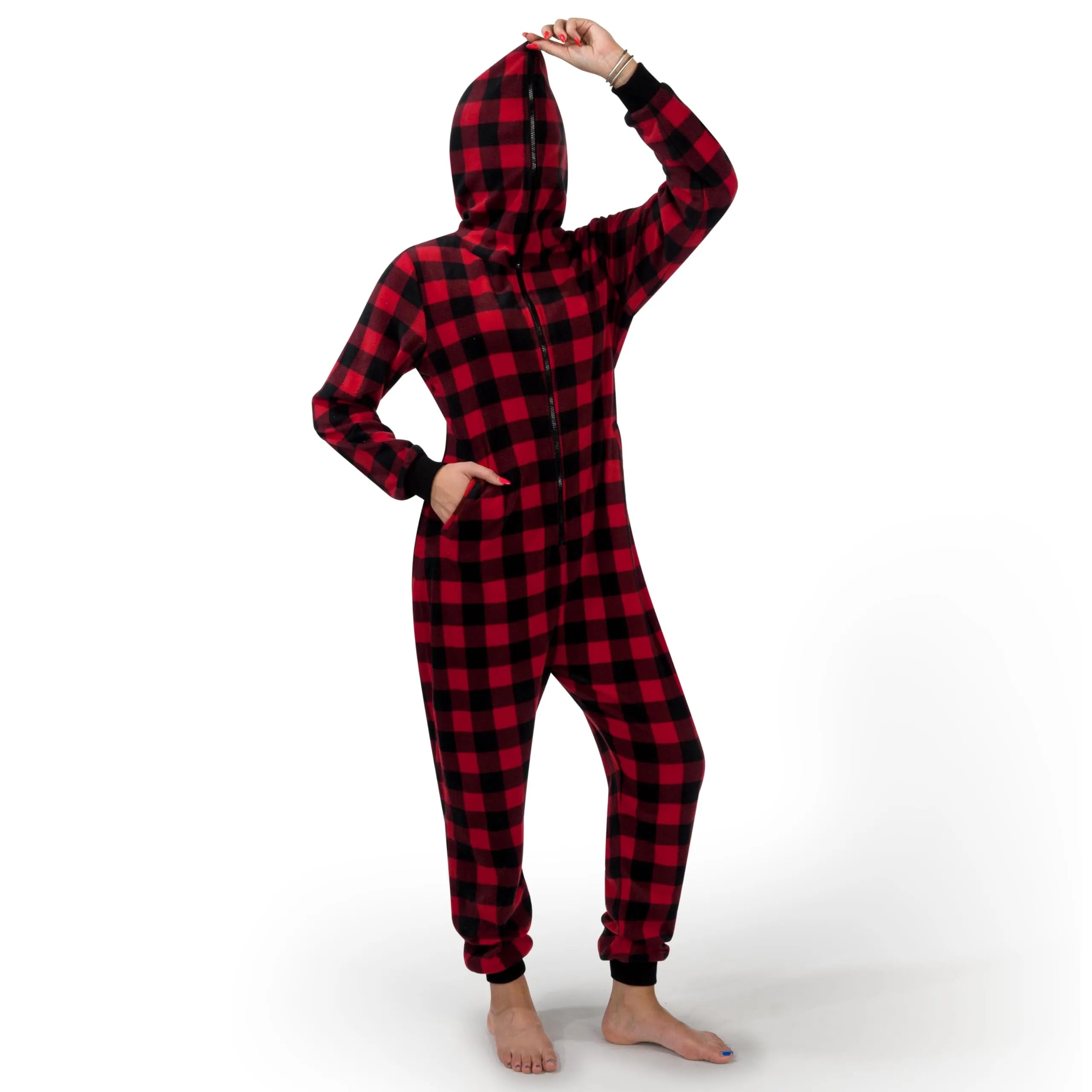 Adult Christmas Plaid Fleece Full-Zip Hoodie Pajamas