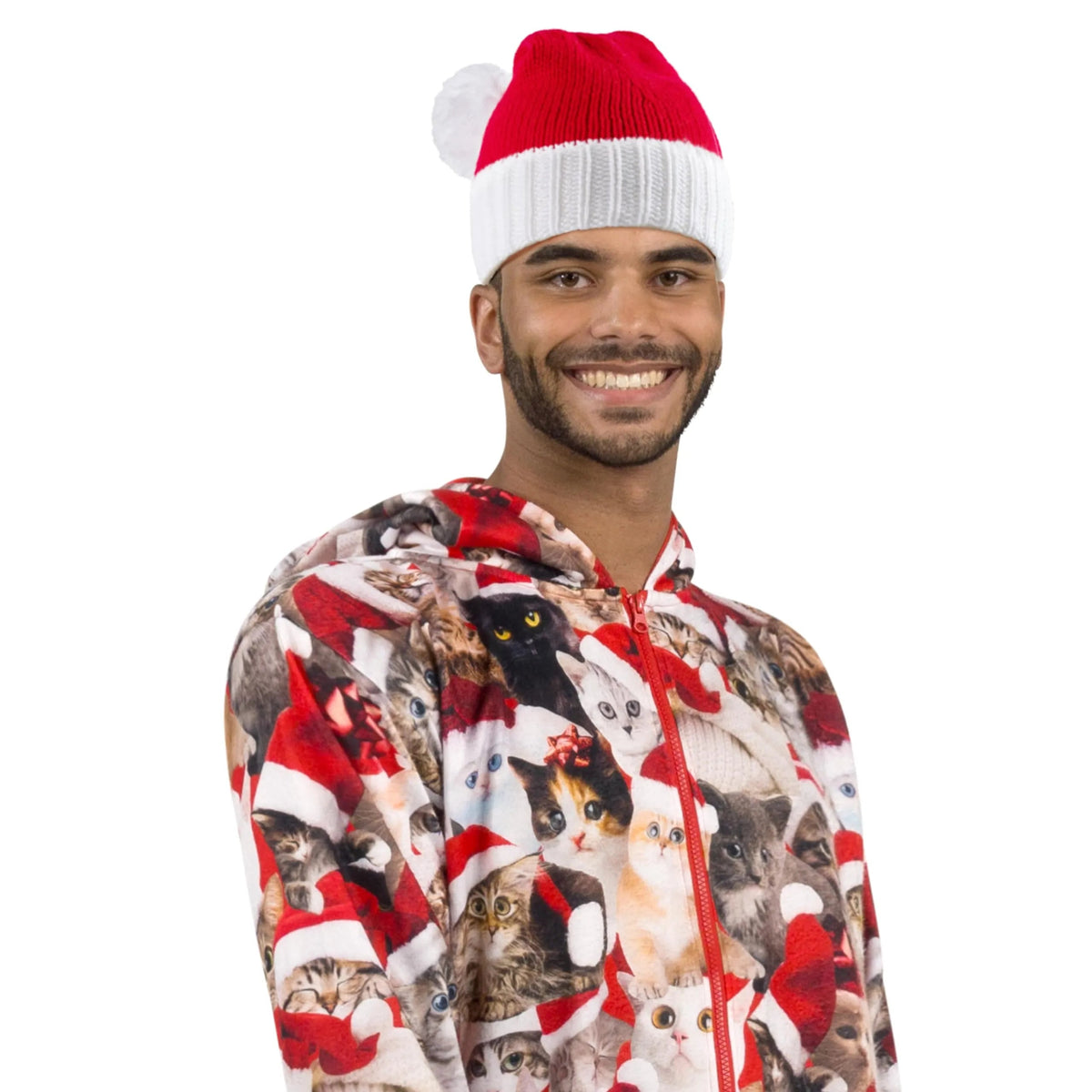 Adult Knit Christmas Santa Beanie Hat with Pom-Poms