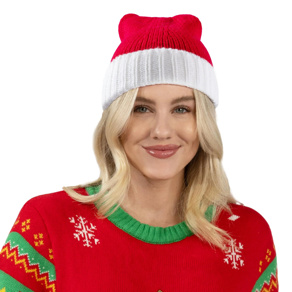 Adult Knit Christmas Santa Beanie Hat with Pom-Poms