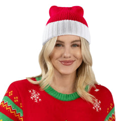 Adult Knit Christmas Santa Beanie Hat with Pom-Poms