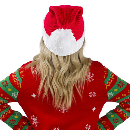 Adult Knit Christmas Santa Beanie Hat with Pom-Poms