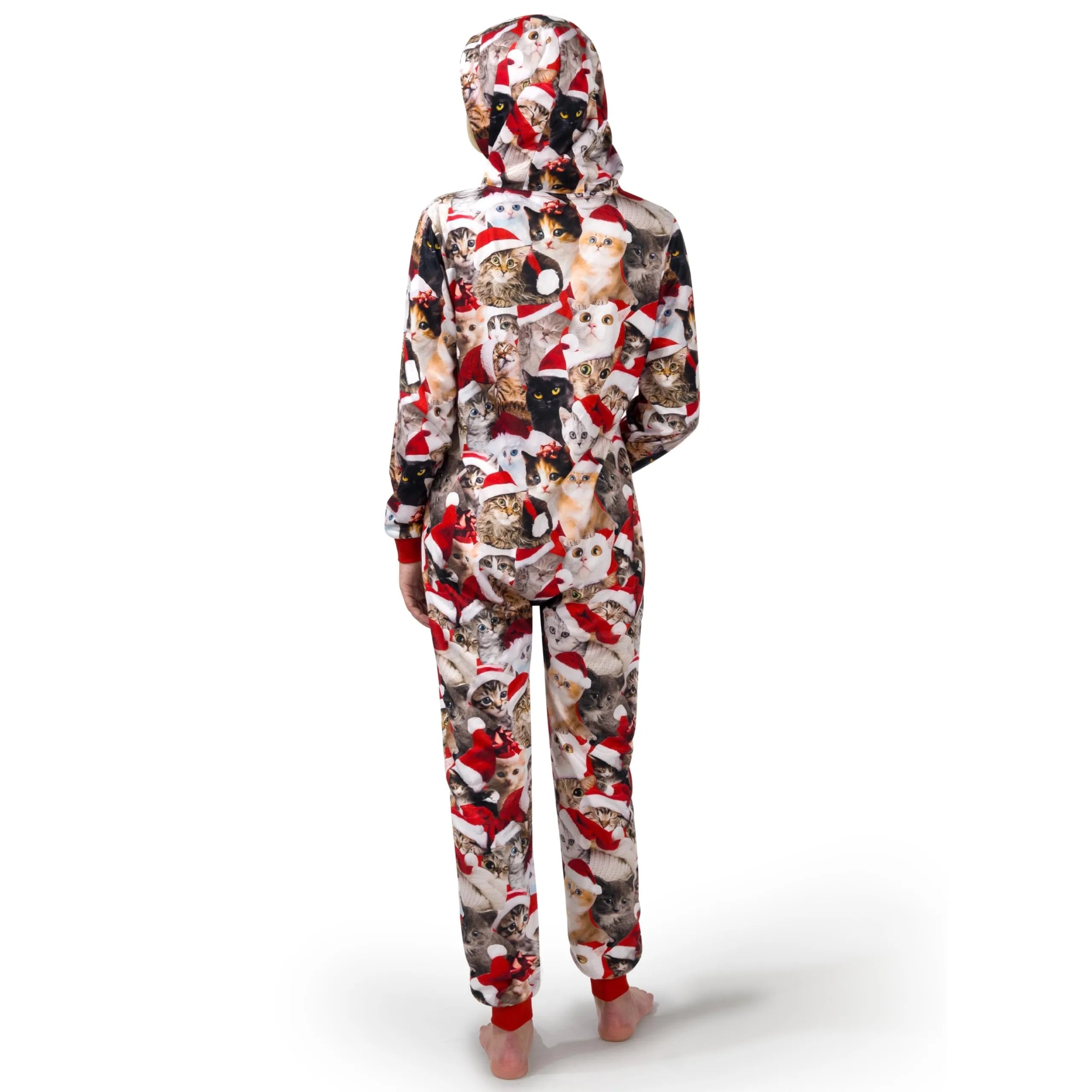 Adults' Cute Cat Print Christmas Hooded Pajamas with Pockets