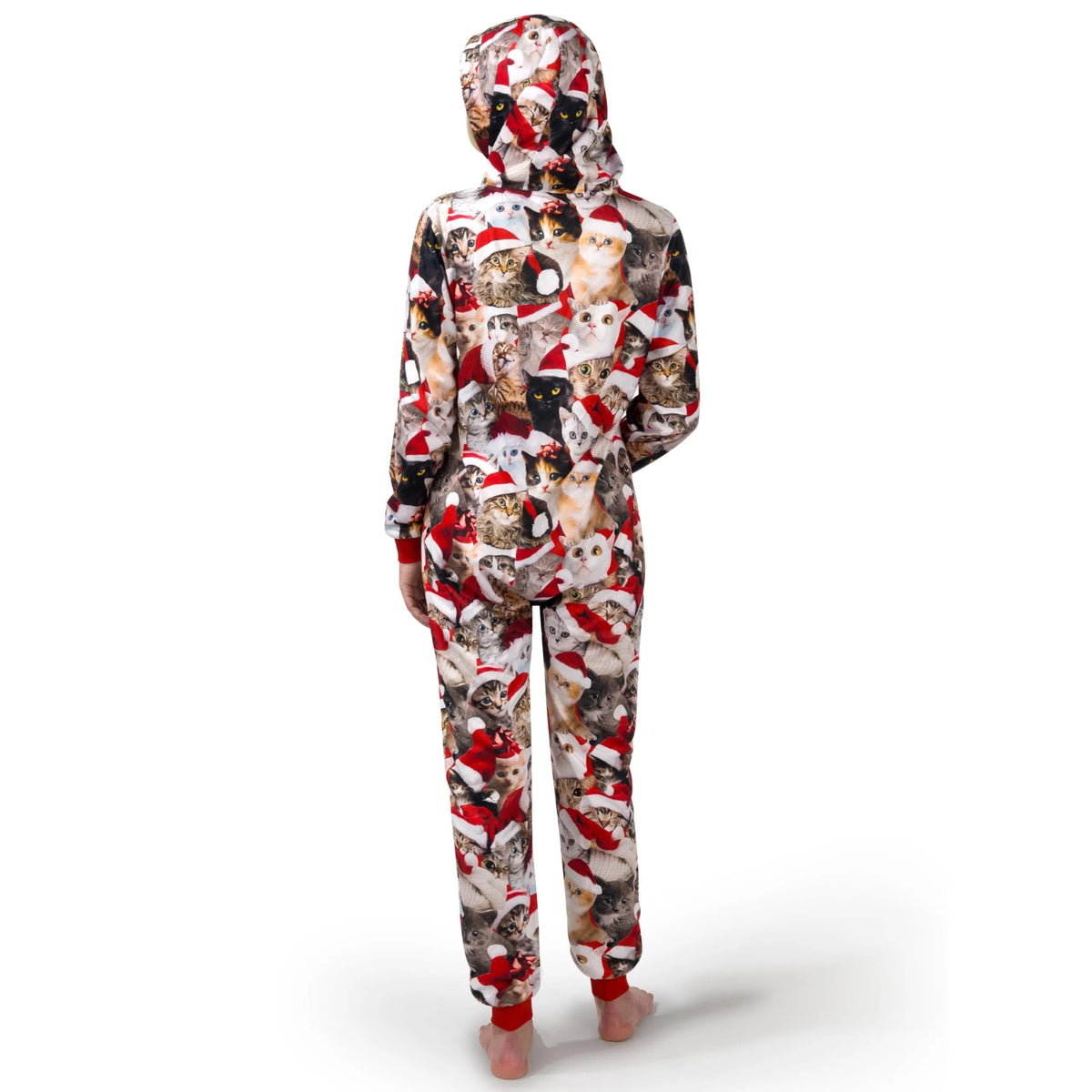 Adults' Cute Cat Print Christmas Hooded Pajamas with Pockets