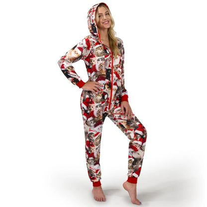 Adults' Cute Cat Print Christmas Hooded Pajamas with Pockets