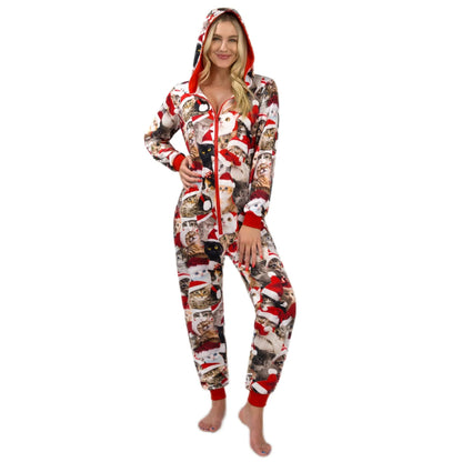 Adults' Cute Cat Print Christmas Hooded Pajamas with Pockets