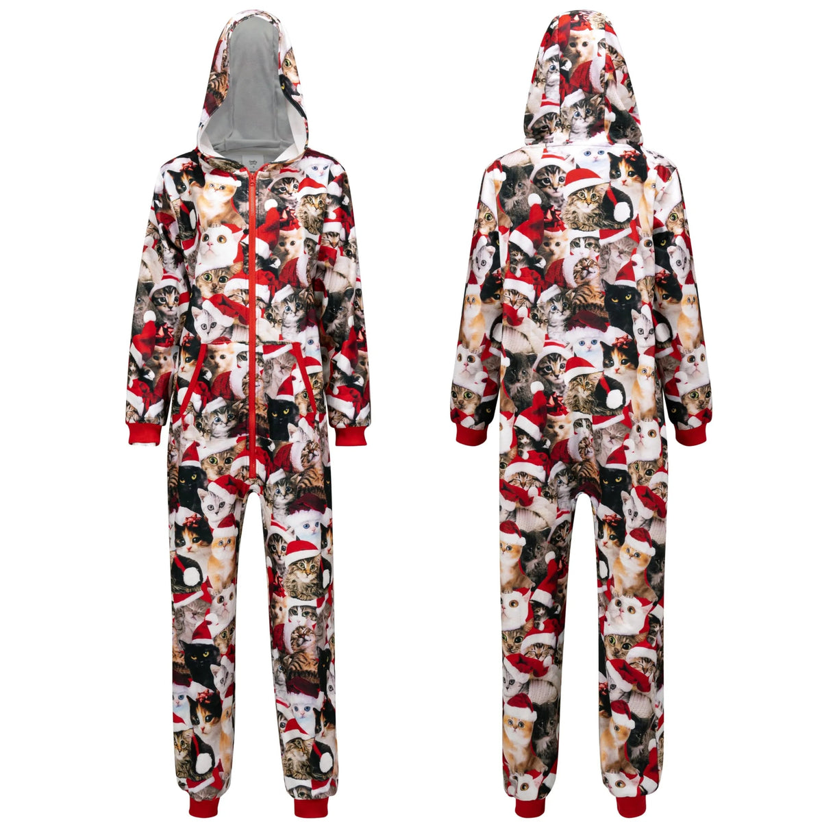 Adults' Cute Cat Print Christmas Hooded Pajamas with Pockets