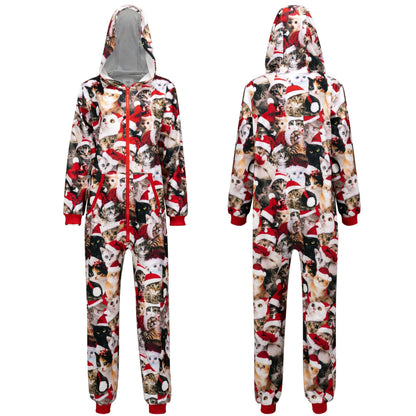Adults' Cute Cat Print Christmas Hooded Pajamas with Pockets