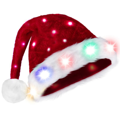 Light-Up Christmas Santa Elf Hats for Adults with Pom Poms and Colorful Lights