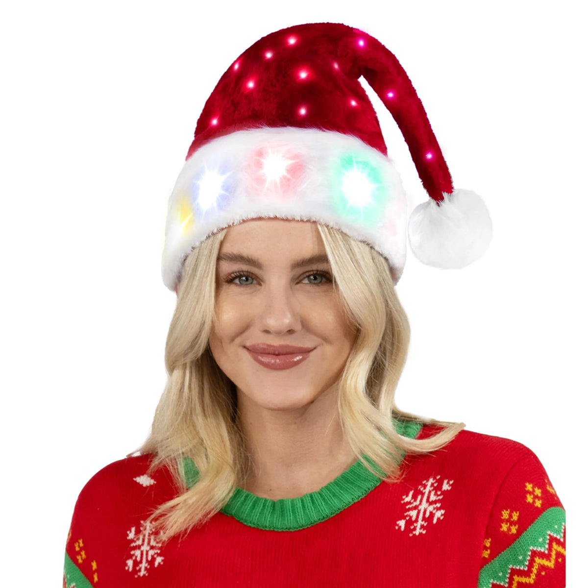 Light-Up Christmas Santa Elf Hats for Adults with Pom Poms and Colorful Lights