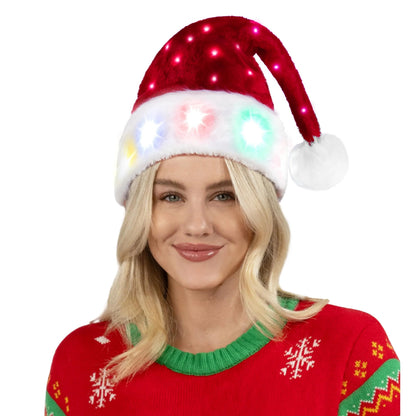 Light-Up Christmas Santa Elf Hats for Adults with Pom Poms and Colorful Lights