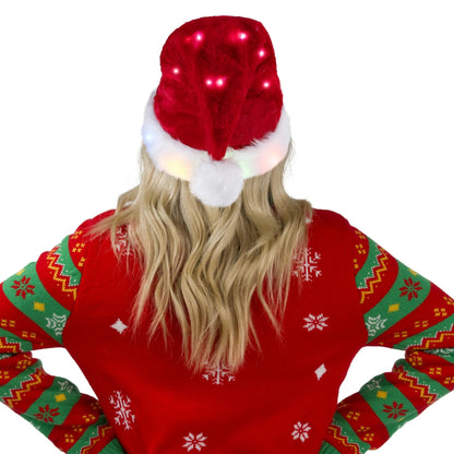 Light-Up Christmas Santa Elf Hats for Adults with Pom Poms and Colorful Lights
