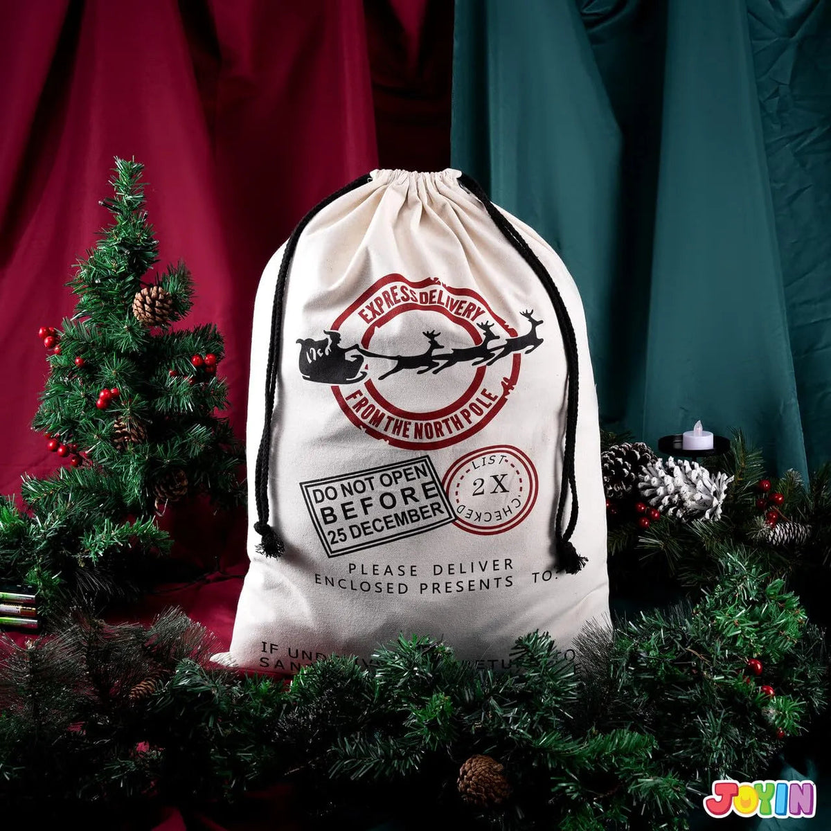 Christmas Santa Burlap Drawstring Gift Bag, 26 x 19 Inches