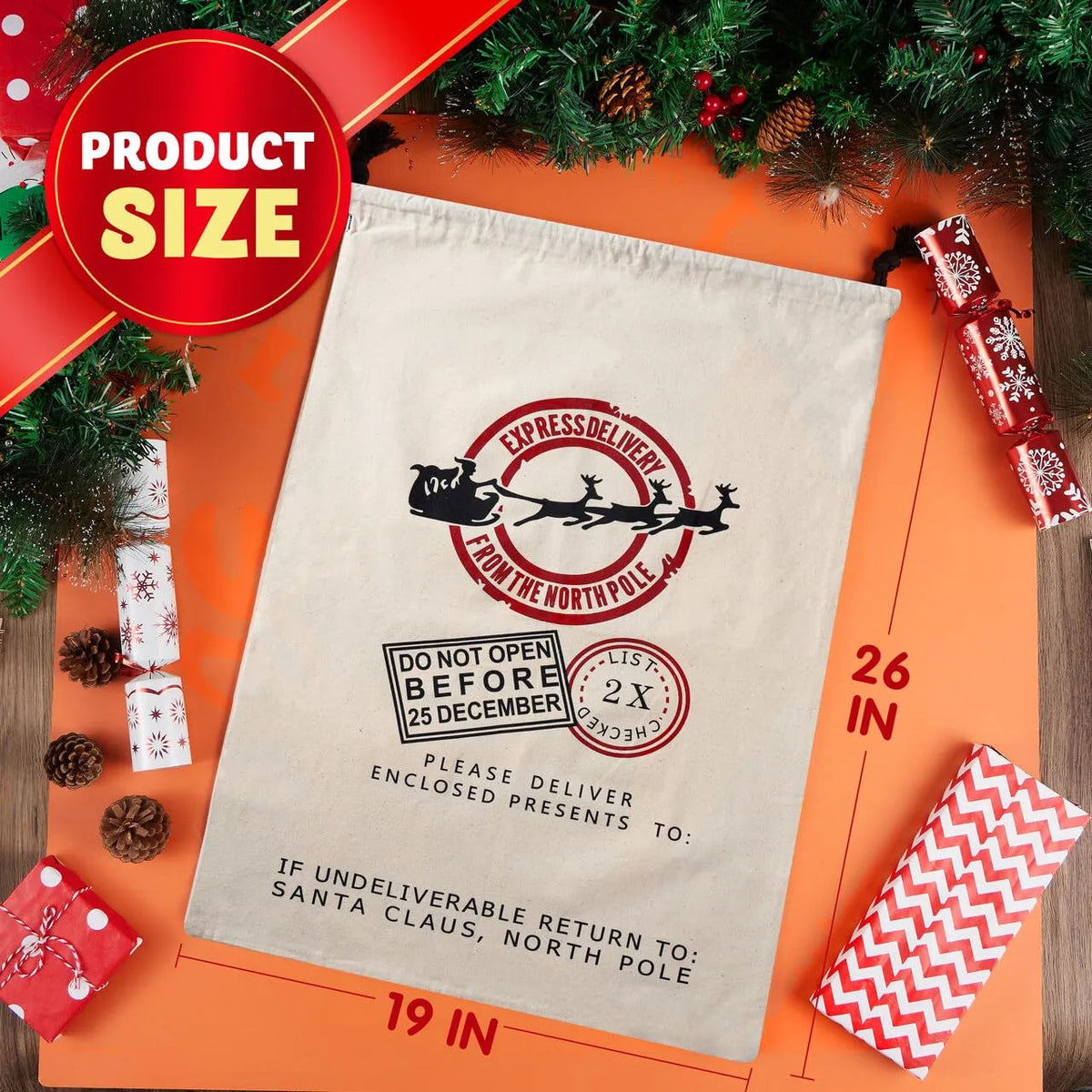 Christmas Santa Burlap Drawstring Gift Bag, 26 x 19 Inches