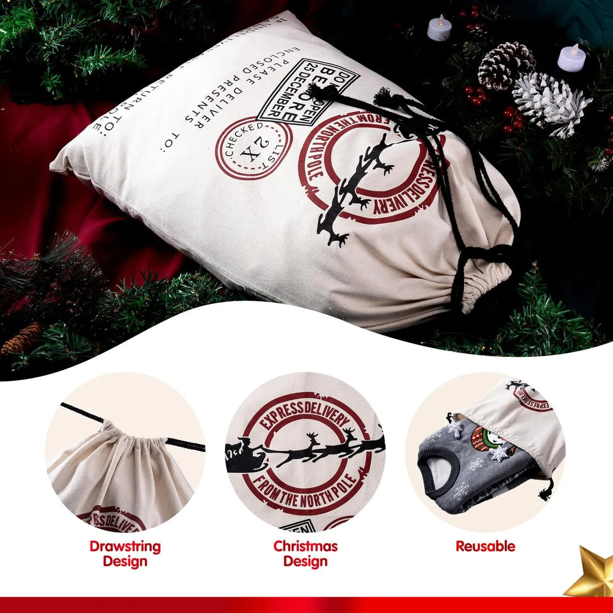 Christmas Santa Burlap Drawstring Gift Bag, 26 x 19 Inches