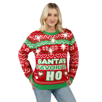 Funny Santa Long Sleeve Ugly Christmas Sweater with Candy Cane Lights