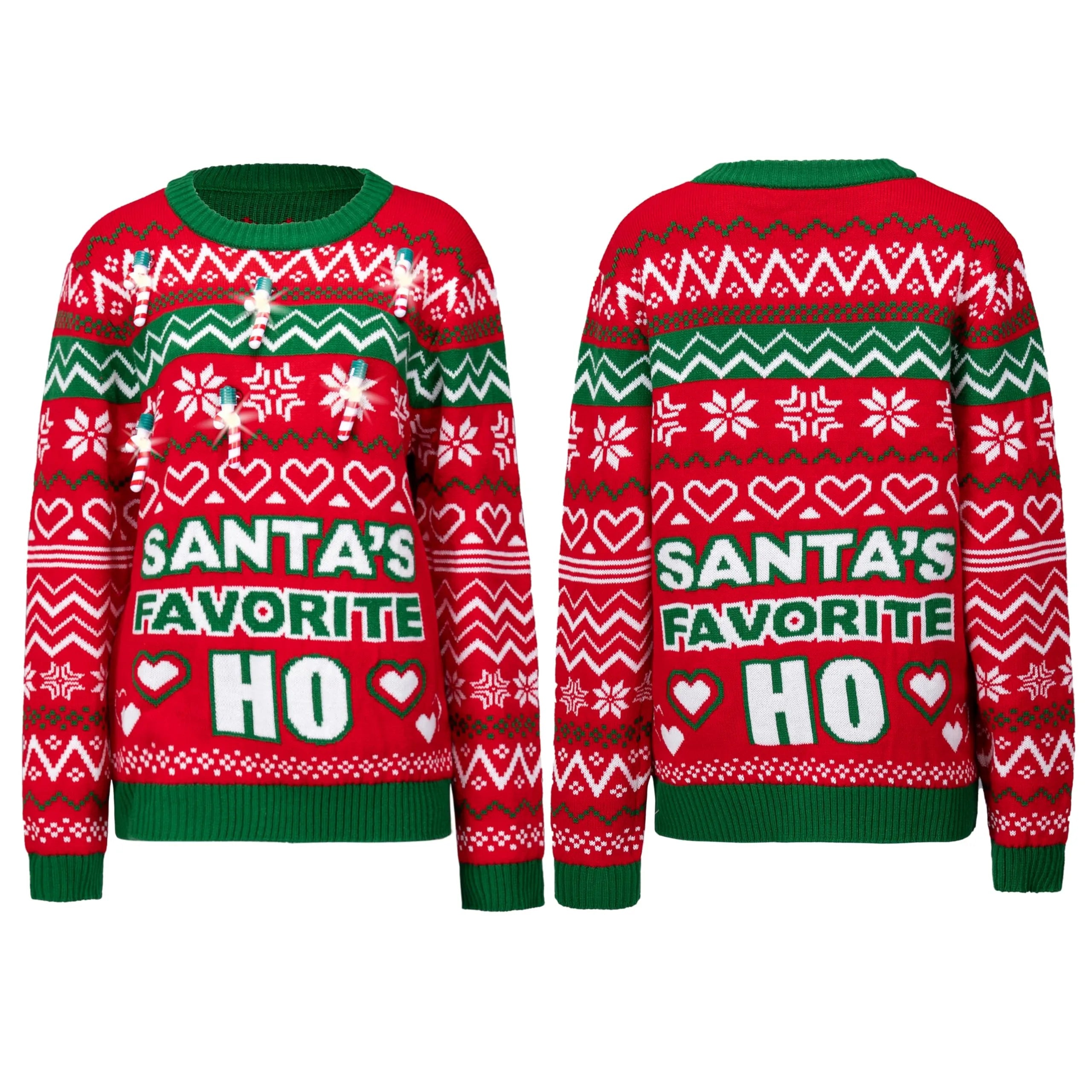 Funny Santa Long Sleeve Ugly Christmas Sweater with Candy Cane Lights