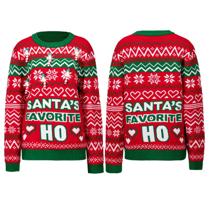 Funny Santa Long Sleeve Ugly Christmas Sweater with Candy Cane Lights