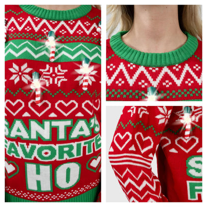 Funny Santa Long Sleeve Ugly Christmas Sweater with Candy Cane Lights