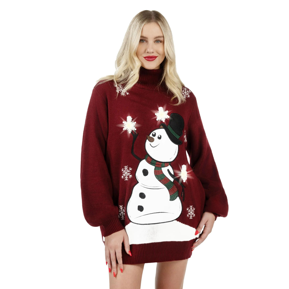 3D Snowman Women's Turtleneck Loose Sweater Dress - Christmas Ugly Sweater