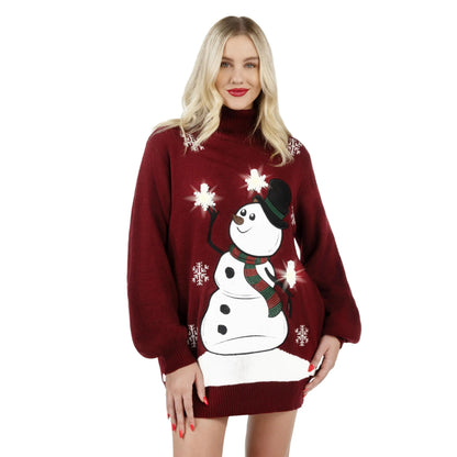 3D Snowman Women's Turtleneck Loose Sweater Dress - Christmas Ugly Sweater
