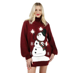 3D Snowman Women's Turtleneck Loose Sweater Dress - Christmas Ugly Sweater