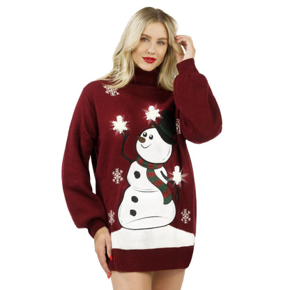 3D Snowman Women's Turtleneck Loose Sweater Dress - Christmas Ugly Sweater
