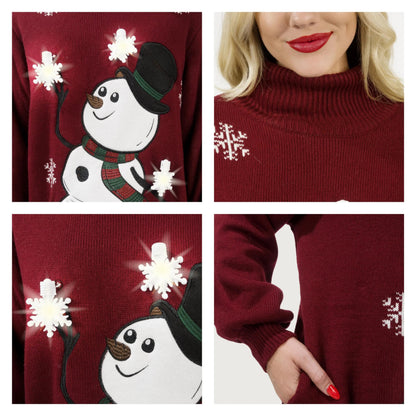 3D Snowman Women's Turtleneck Loose Sweater Dress - Christmas Ugly Sweater