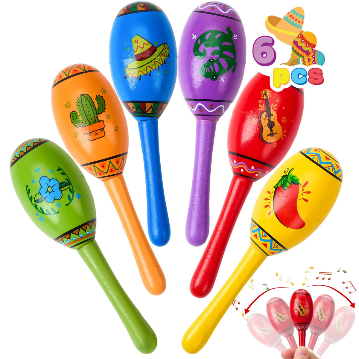 6-Piece Mini Wooden Maracas for Kids - Cinco De Mayo